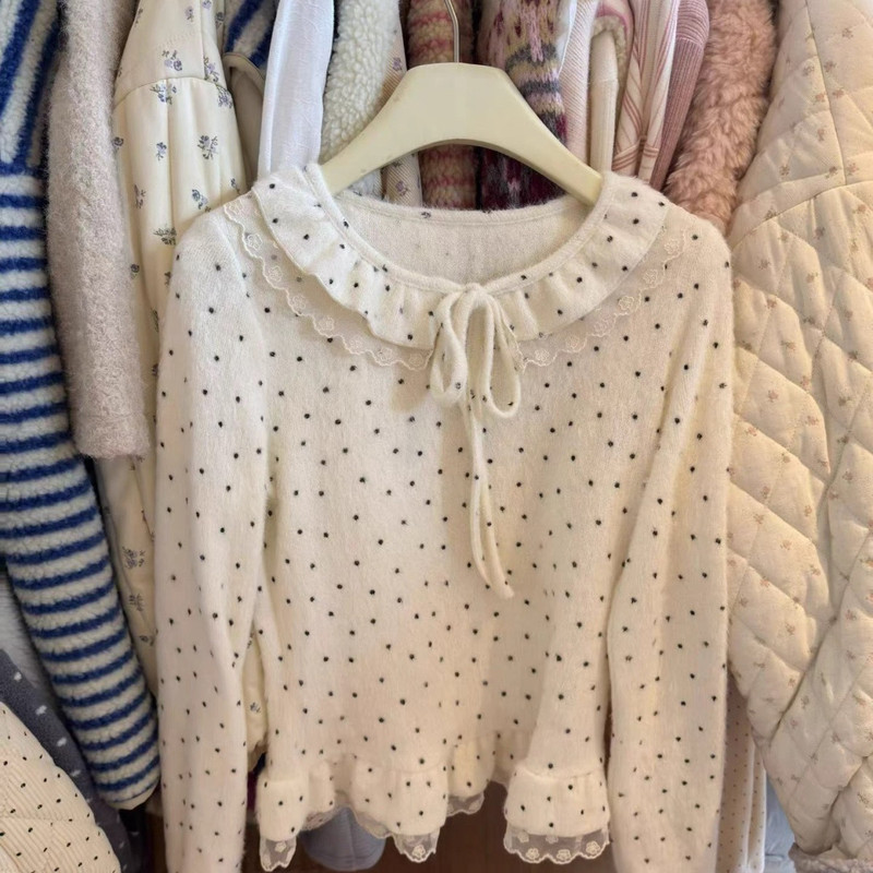 French-style sweet bow-tie lace trim polka dot long-sleeve T-shirt for women, autumn and winter, youthful and fluffy
