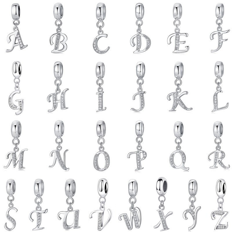 Cross-Border Hot Selling S925 Sterling Silver Letter Pendant Bracelet Necklace Pendant Electric White Golden English Initial Letter Bead Accessories