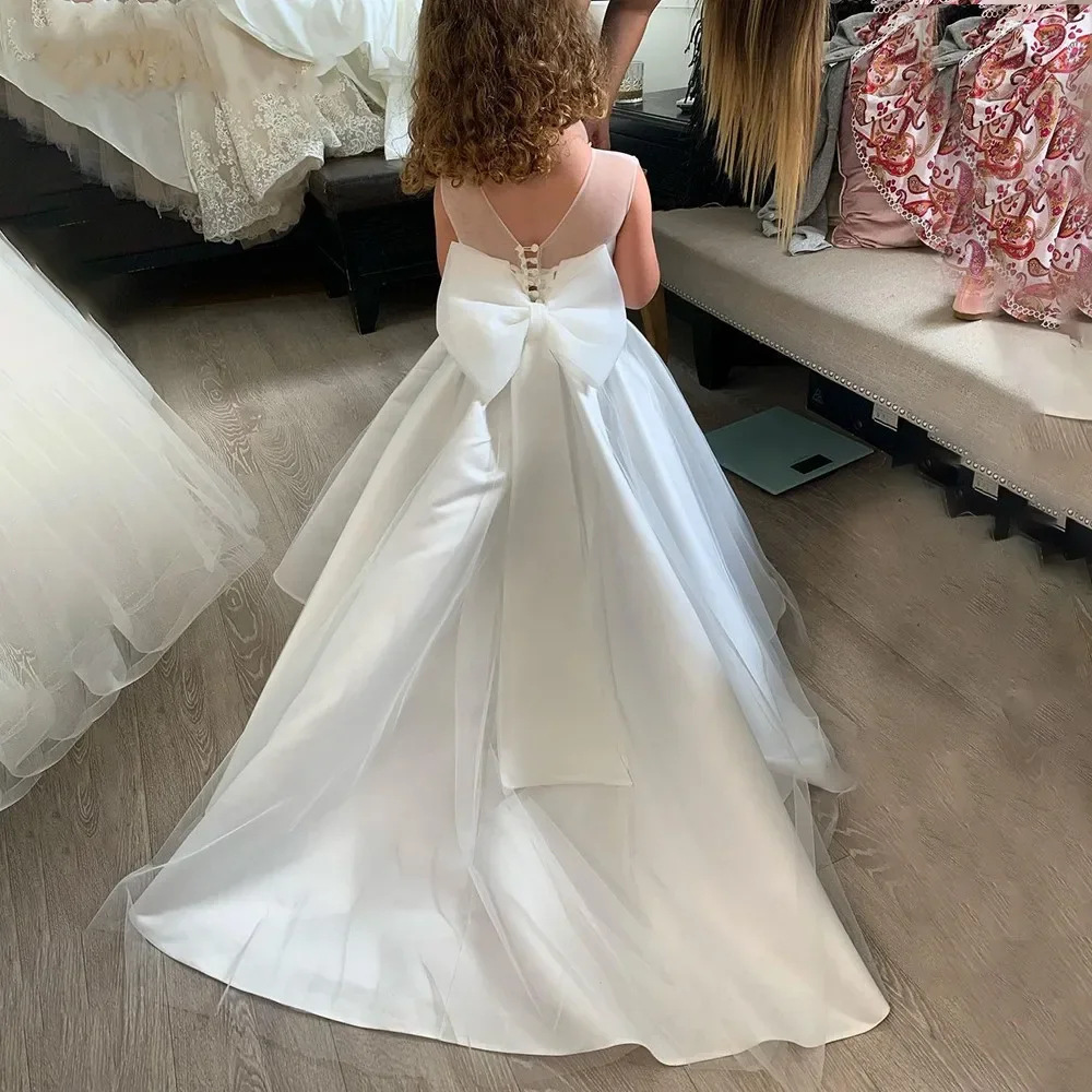 White Girls' Light White Sleeveless Wedding For Little Girls, Flower Girl Dress, 2026 New Satin Dress_voghion.com