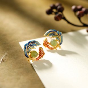 S925 Gold-plated Silver Inlaid Hotan Jasper Cloisonne Koi Fish Yuelong Dragon Gate New Chinese Classic All-match Female Earrings