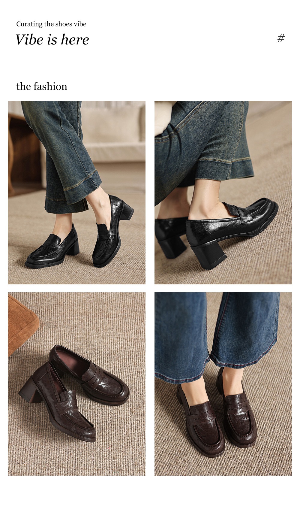 Giày cao gót nữ mũi tròn da dê gót vuông ổn định kiểu loafer — màu nâu chi tiết 4