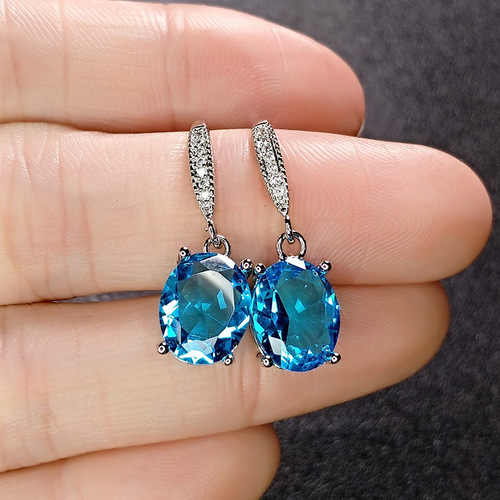 Cross-border supply wholesale imitation aquamarine ear hooks temperament egg-shaped sapphire earrings inlaid with zircon aquamarine ear hooks