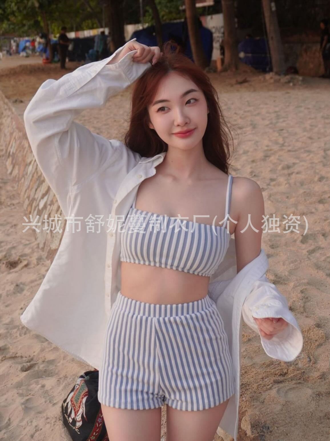 Traje de baño femenino de alta gama bikini dividido rayas puro deseo de cintura alta bóxer bañador de aguas termales traje de baño de mujer