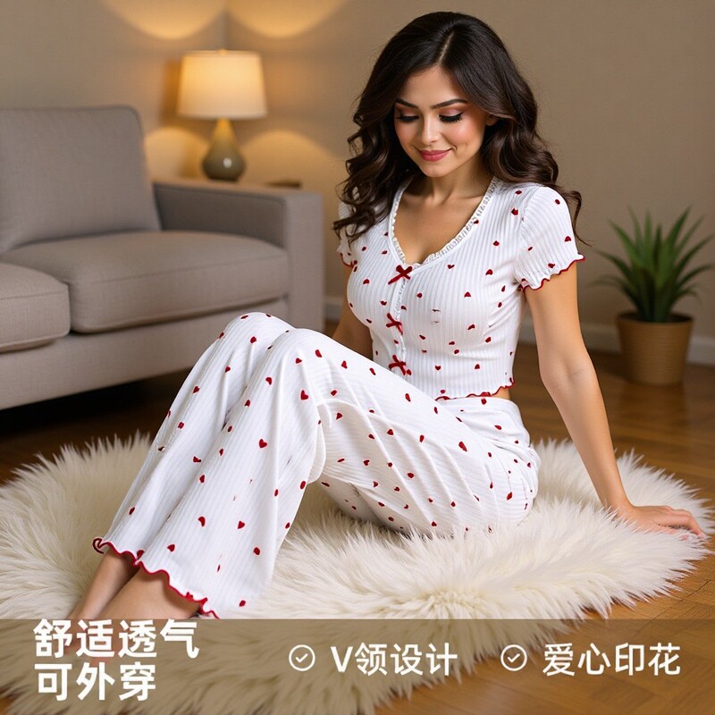 European and American Cross-Border Hot-Selling Women's Homewear Set with Heart Print, V-Neck, Short-Sleeve Top and Long Pants, Suitable for Wearing Outside, Pullover Pajamas