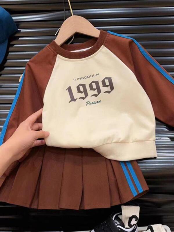 2025 Spring and Autum New Korean Style Preppy Style Kidsren's Printed Suit Girls Long-Sleeved Sweatshirt Pleated Skirt Two-Piece Set