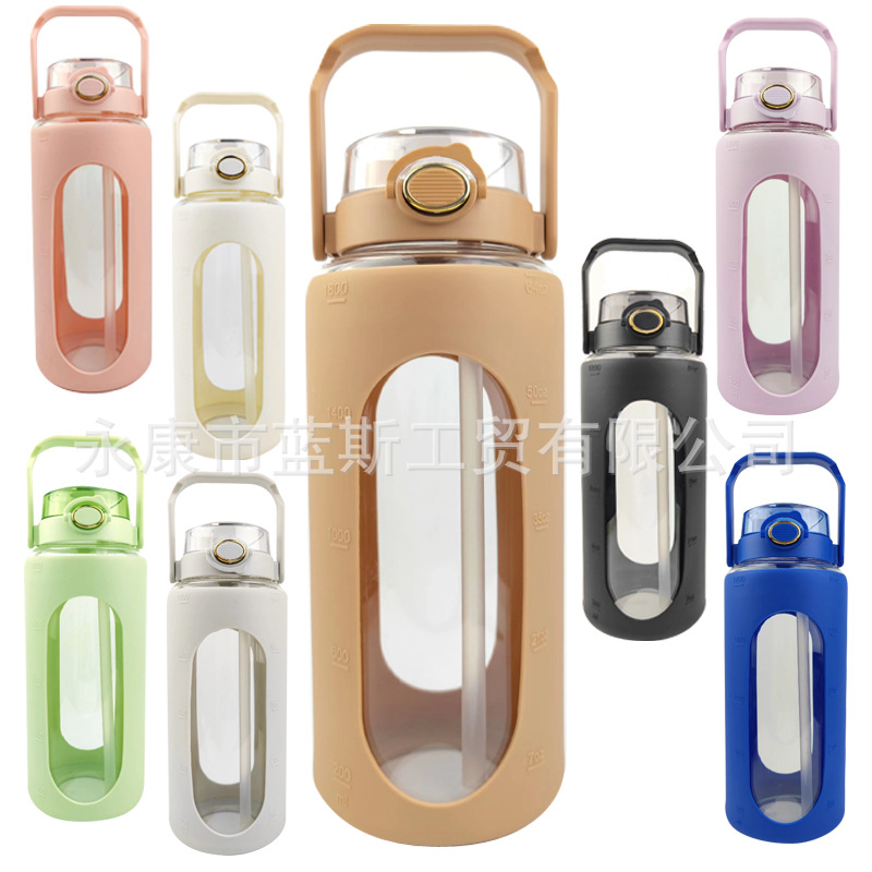 Potente Fuente de la fábrica 64 oz taza cristal con funda silicona doble bebida cubierta gran capacidad deportes al aire libre hervidor al por mayor