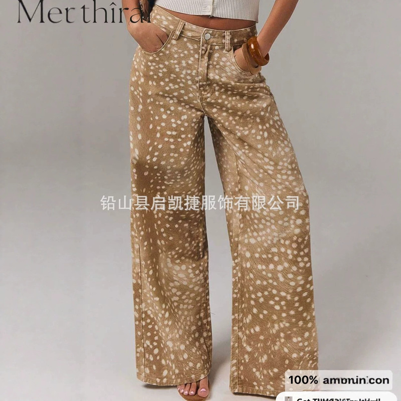 2025 Independent Site Xiyin Shopee New 3D Printed Polka Dot Flared Pants Imitation Denim Loose Fit Versatile Pants