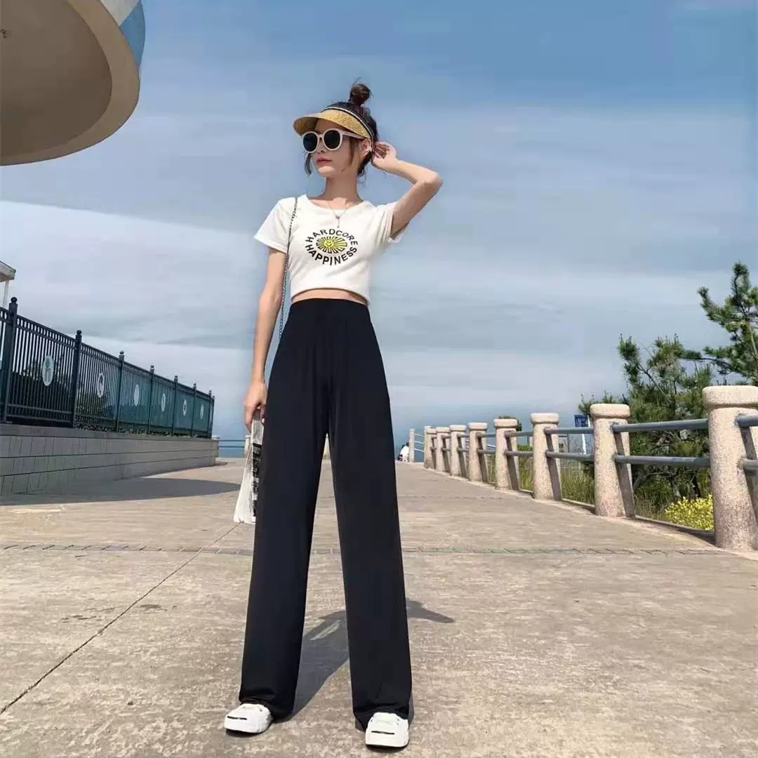 微商夏季直筒休闲冰丝裤冰丝坠感显瘦高腰纯色阔腿裤女士高腰显瘦