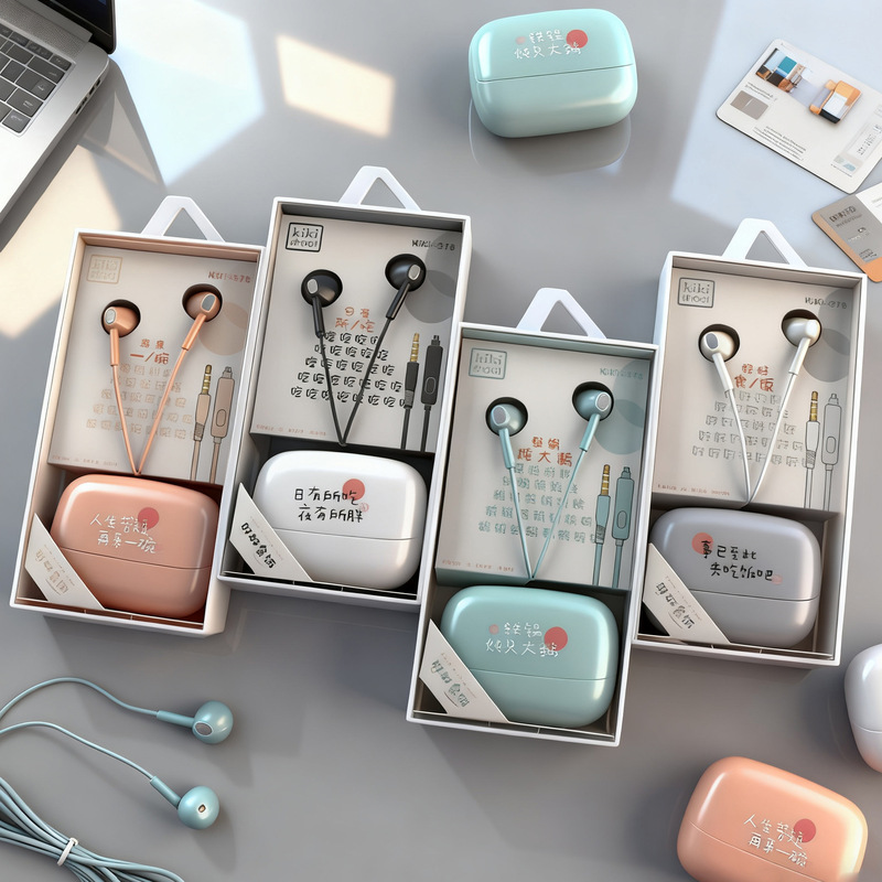 Kiki-378 Cartoon Storage Box Earphones 3.5mm Round Hole Pin Wire Controlled Earphones with Microphone Cute Storage Box Earphones