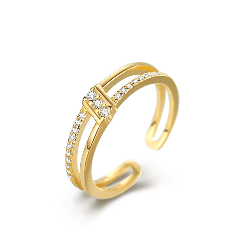 Anillo de mujer geométrica de doble capa de plata esterlina S925 estilo japonés y coreano estilo creativo Luz de lujo estilo diamante-incrustado anillo de dedo índice apertura ajustable