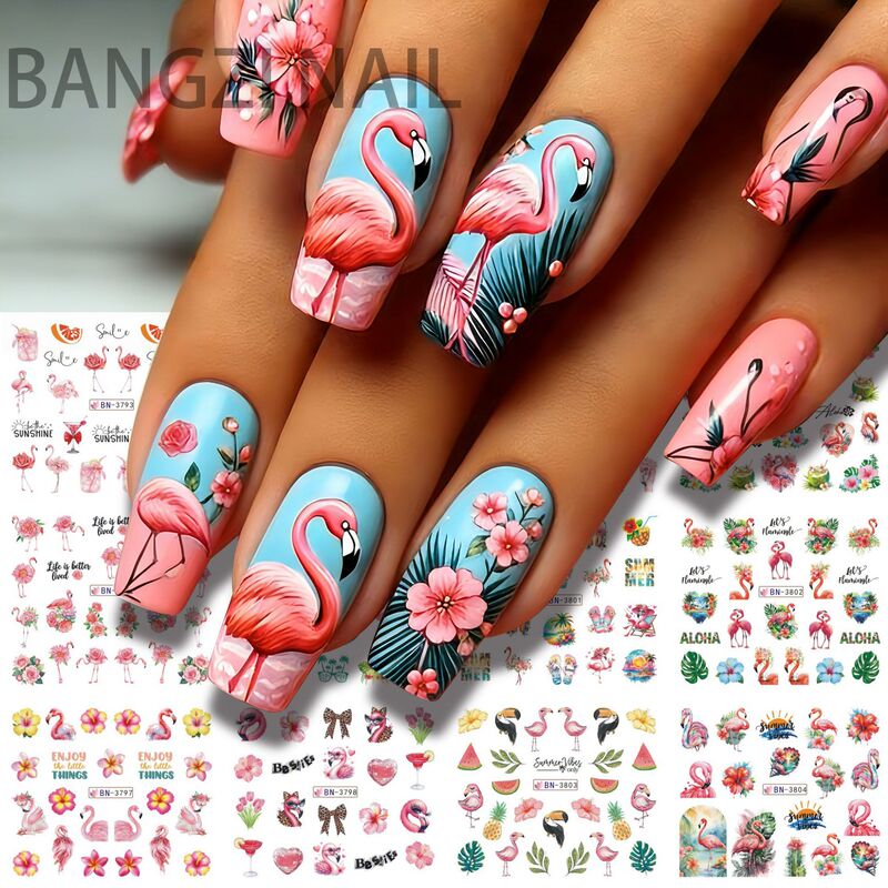 Cross-Border New Nail Art Watermark Stickers Flamingo Summer Cartoon Coconut Tree Large Sheet Water Transfer Nail Stickers