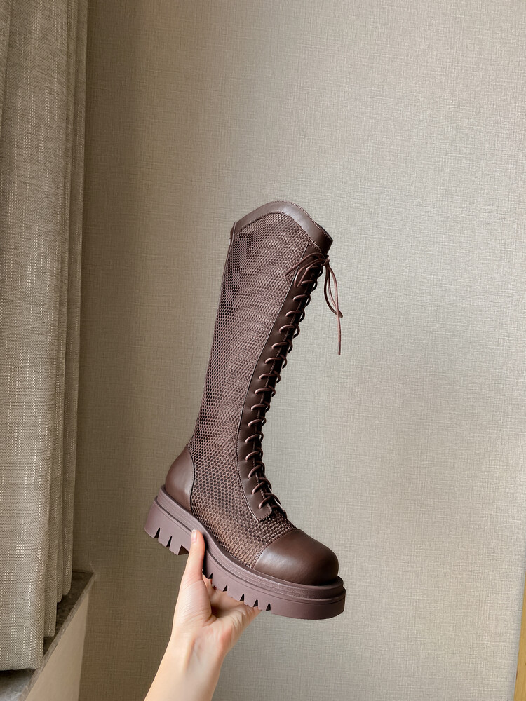 Boot lưới da thật cổ cao đế dày thoáng khí mùa xuân hè phong cách kỵ sĩ buộc dây — Màu nâu ống lớn, Màu đen cổ ống lớn, Ống nhỏ màu đen, Ống nhỏ màu be chi tiết 33