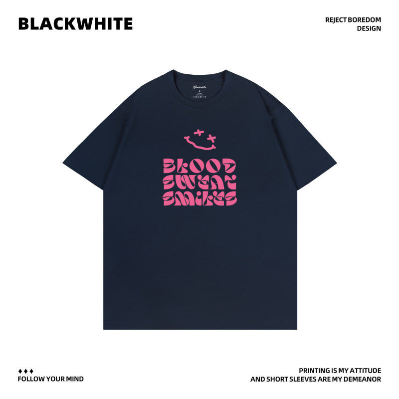 American Street Style Sweat Smile Theme Printed Short-Sleeved T-Shirt for Men and Women, Comfortable, Breathable and Versatile Top Q434