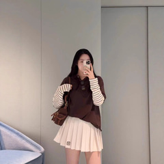 MM系早秋美拉德徽标装饰假两件长袖T恤 Polo翻领宽松百搭上衣女