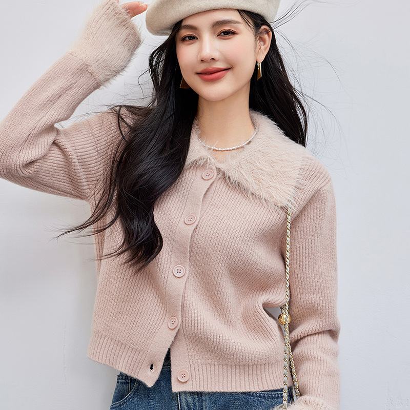 G0268 Gentle Korean Niche Fashion Peach Roll Pink Knitted Sweater Women's Autumn and Winter Knitted Cardigan Jacket