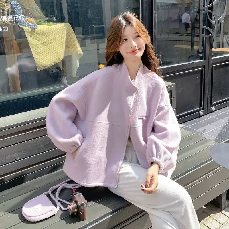 紫色卫衣式双面呢毛呢外套女短款秋冬巨好看的羊毛呢子大衣带包包