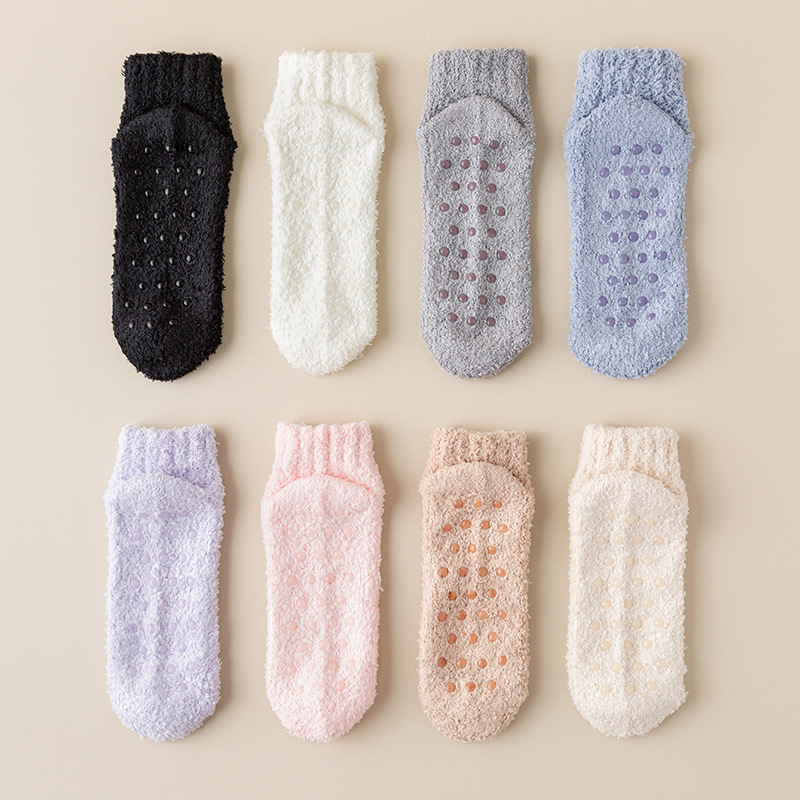 Candy color non-slip dispensing boat socks women's winter thick floor socks solid color slippers socks coral fleece home socks