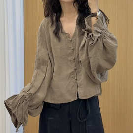 复古文艺汉麻上衣女2026秋季新款宽松百搭减龄袖口拼荷叶花边长袖