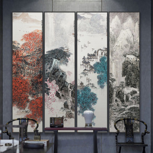 新中式山水画长条屏竖款玄关走廊过道装饰画酒店会所挂画名画-阿里巴巴