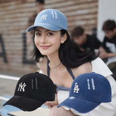 韓国MLB帽子ニューデンジャースNYスモールラベルリッピングデニムウォッシュ加工オールドソフトトップ野球キャップLA
