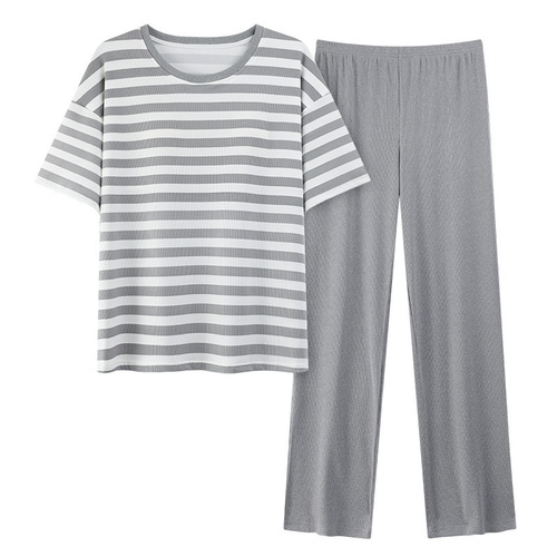 Pajamas with chest pad for women in summer thin ice thread short-sleeved trousers Internet celebrity simple loose home clothing