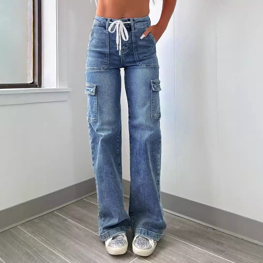 Jeans Cargo Rectos para Mujer de Mezclilla de Algodón y Poliéster con Múltiples Bolsillos para Uso Casual