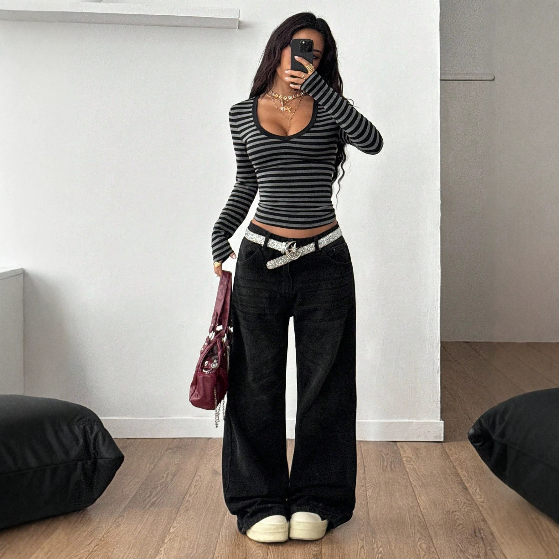 Women's Korean Style Color Block Striped Long Sleeve Round Neck Slim Fit Top For Autumn Winter Base Layer Niche Clothing_ecoleips.com
