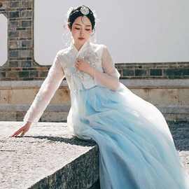 延吉韩服朝鲜族贵族公主水蓝写真旅拍摄影古装宫廷韩版舞蹈演出服