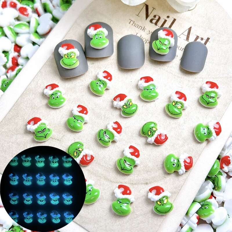 Cartoon Christmas Style Green Furry Monster Nail Art Jewelry Stereo Grinch Green Christmas Hat DIY Handmade Resin Accessories