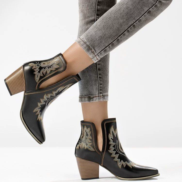 跨境印花刺绣尖头方跟切尔西靴2025秋季新款短筒欧美风女靴现货女