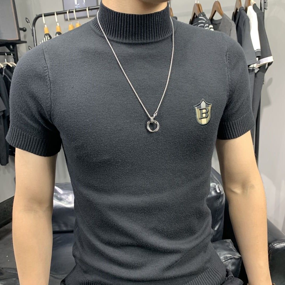 Half-high Neck Short-sleeved Sweater Men's Autumn and Winter New Thickened Knitted Base Shirt Men's Round Neck Half-sleeved Core-spun Yarn T-shirt