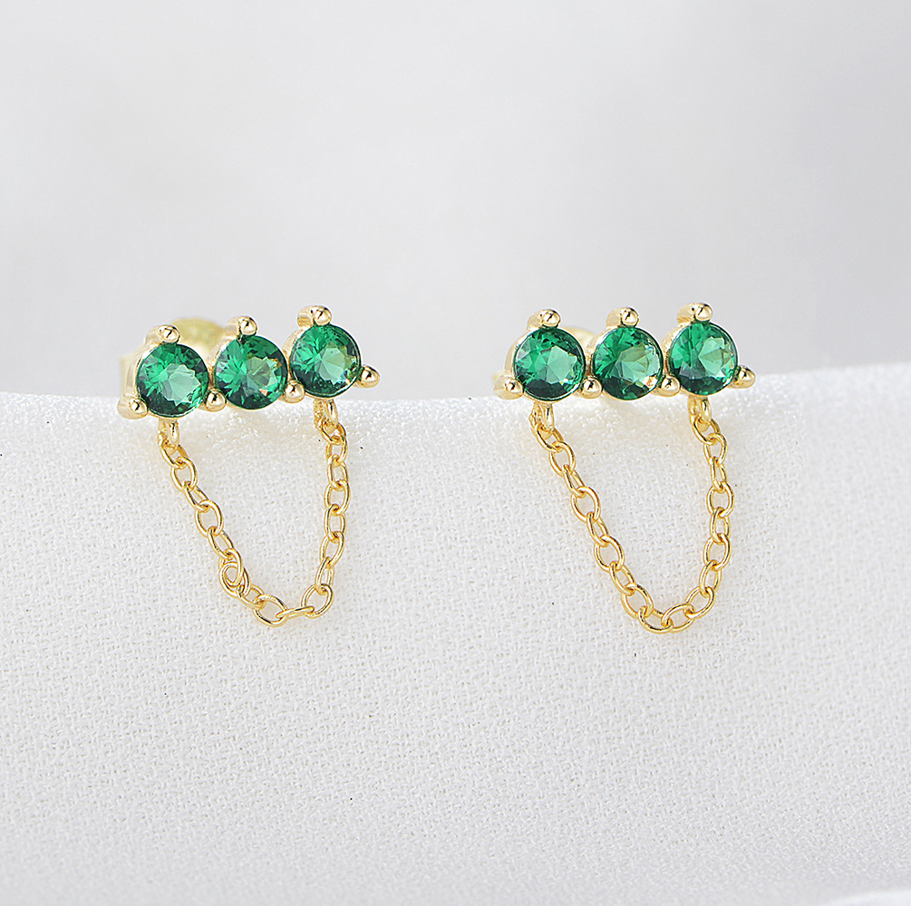 S925 plata esterlina abuela verde Zircon Stud pendientes europeos y americanos simple cadena personalizada borla pendientes de moda