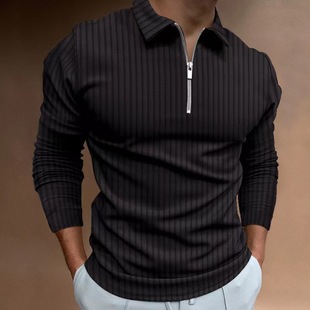 2023 New Cross-border European and American Autumn and Winter AliExpress Amazon POLO Shirt Zipper Striped Long Sleeve Men's Polo Shirt