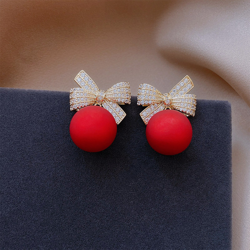 Elegant Red Bow Bead Drop Earrings With Diamond Studs For Women_voghion.com