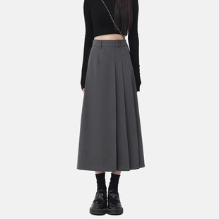 Gray Suit Skirt for Women Spring & Fall New Large Size Pear-Shaped Figure High Waist Slimming Look Mid-Length A-Line Pleated Skirt