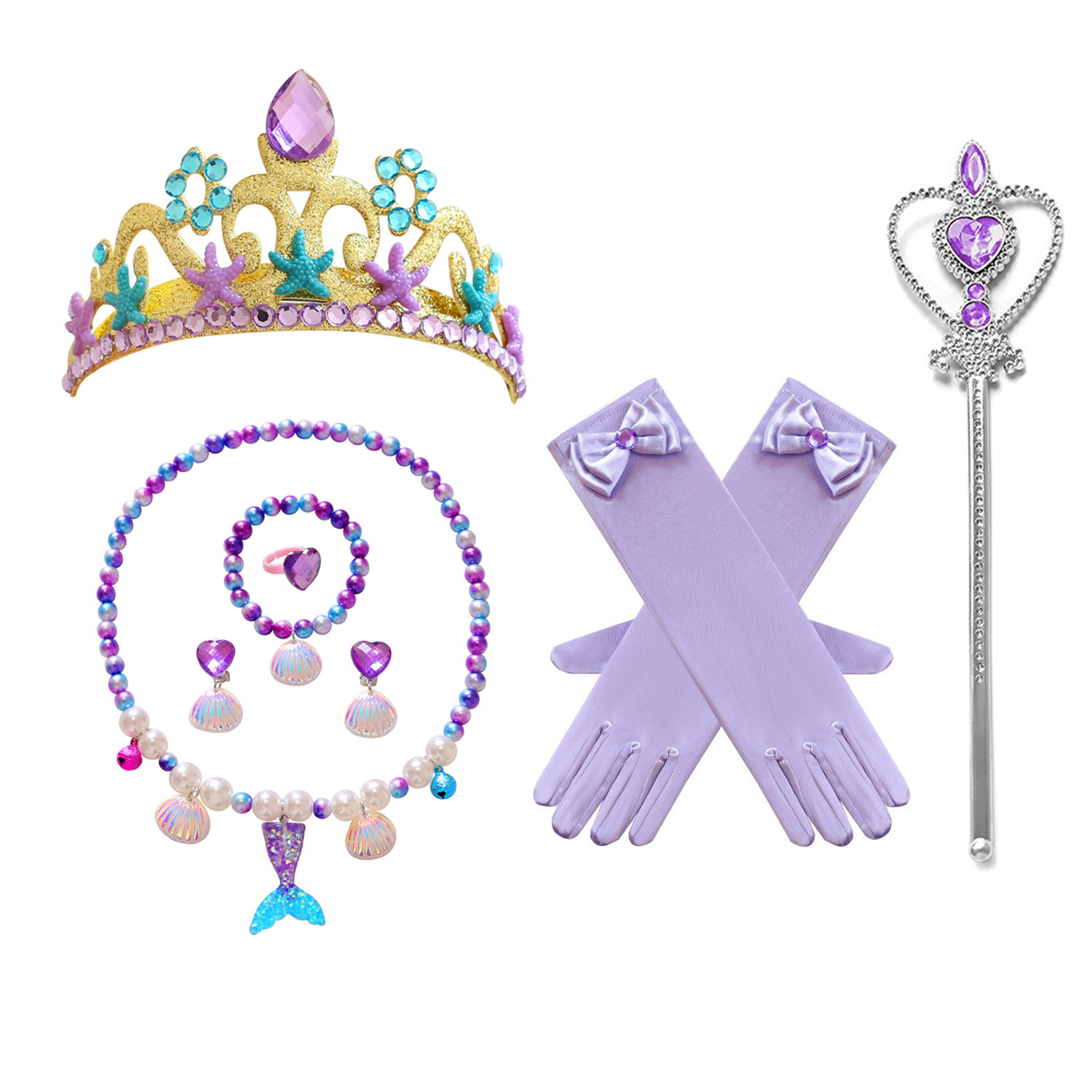 Collar para niños sirena cola collar de perlas para niñas pulsera anillo pendientes traje para niñas accesorios para bebés