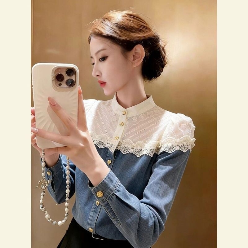 Spring stylish and chic top with a unique design, super good-looking light blue denim patchwork shirt for women