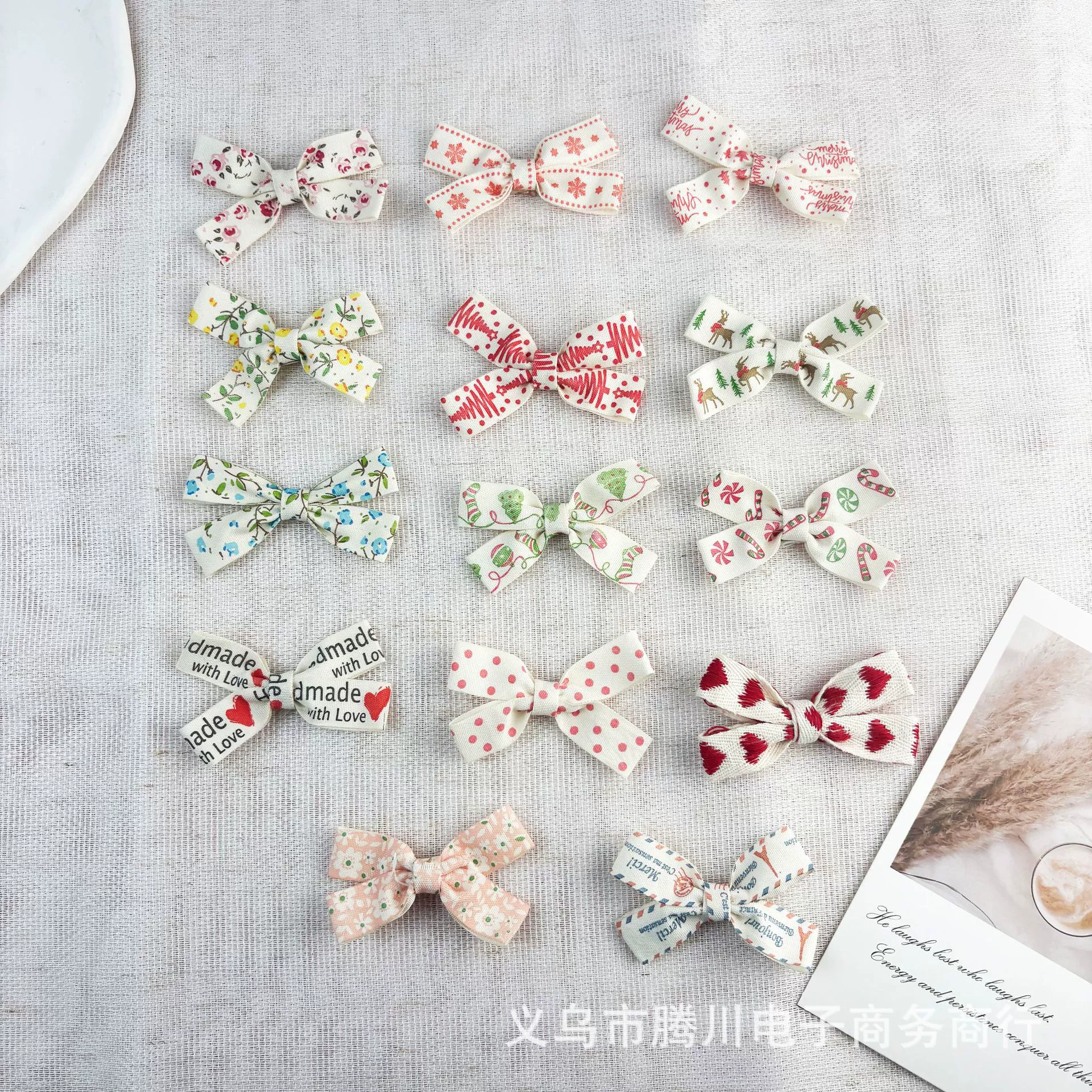 Новые хлопковые рождественские банты с термотрансферной вышивкой, полуфабрикаты для самостоятельного изготовления украшений и аксессуаров для одежды, оптом