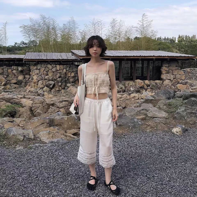 Mona Xh Korean-Style Lace Patchwork Satin Cropped Pants Dongdaemun Summer New Slim Straight White Pants