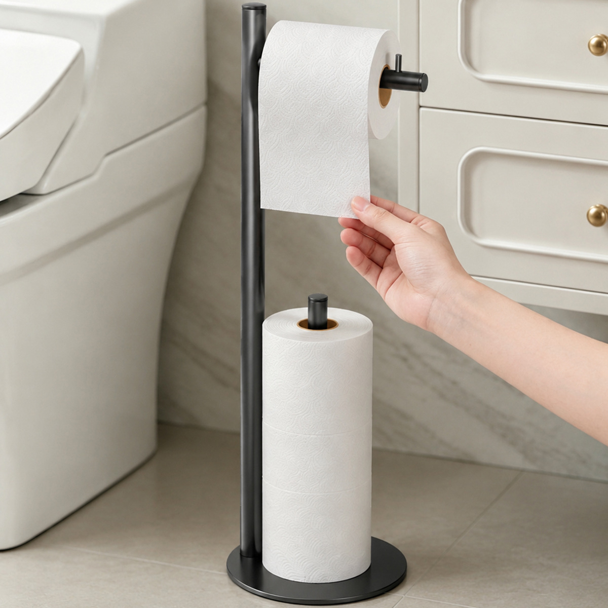 Portarrollos de papel higiénico elevado de pie, de base robusta, negro mate, para uso en hoteles, hogares y baños, apto para exportación. image 4