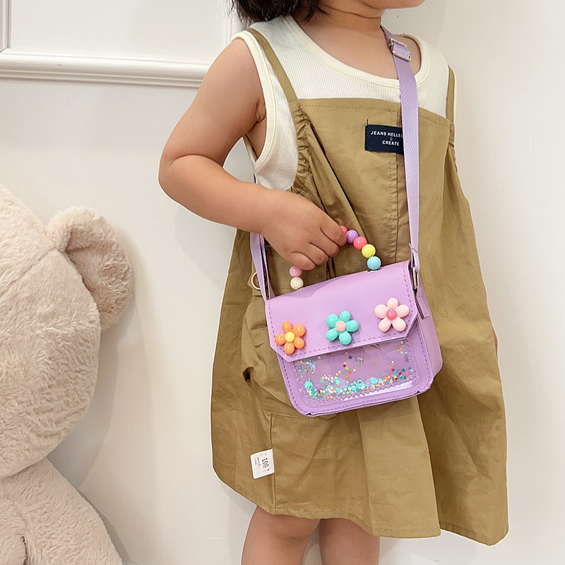 新しい子供のショルダーバッグパールポータブル小さな正方形バッグかわいい小さな花スパンコール装飾幼稚園トレンディなクロスボディバッグ|undefined