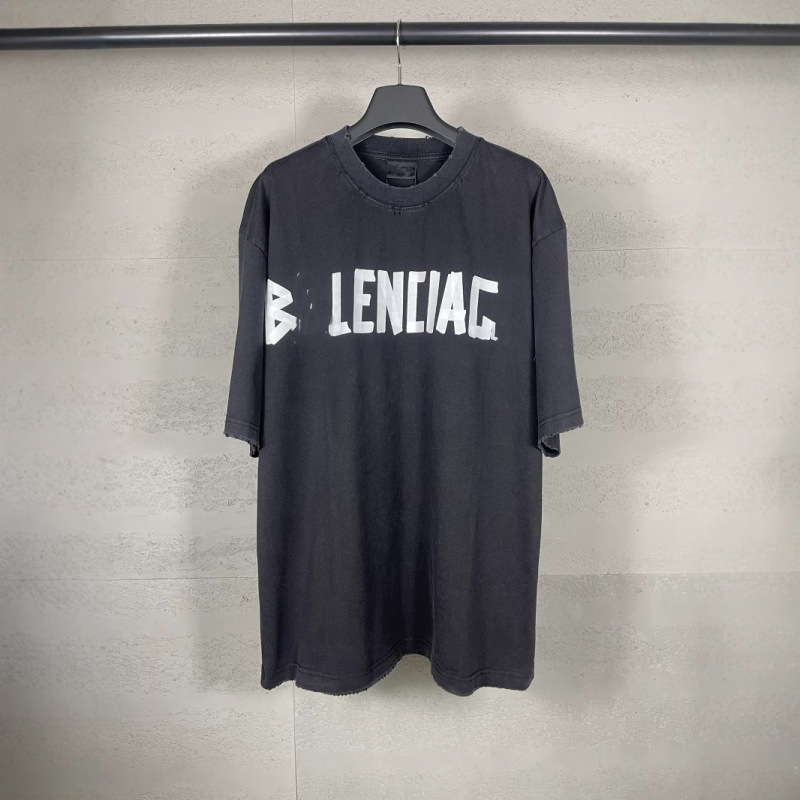 High Version Paris Short-sleeved Classic Tape Printed Loose Sports Worn-out Old Men's and Women's Round Neck T-shirt