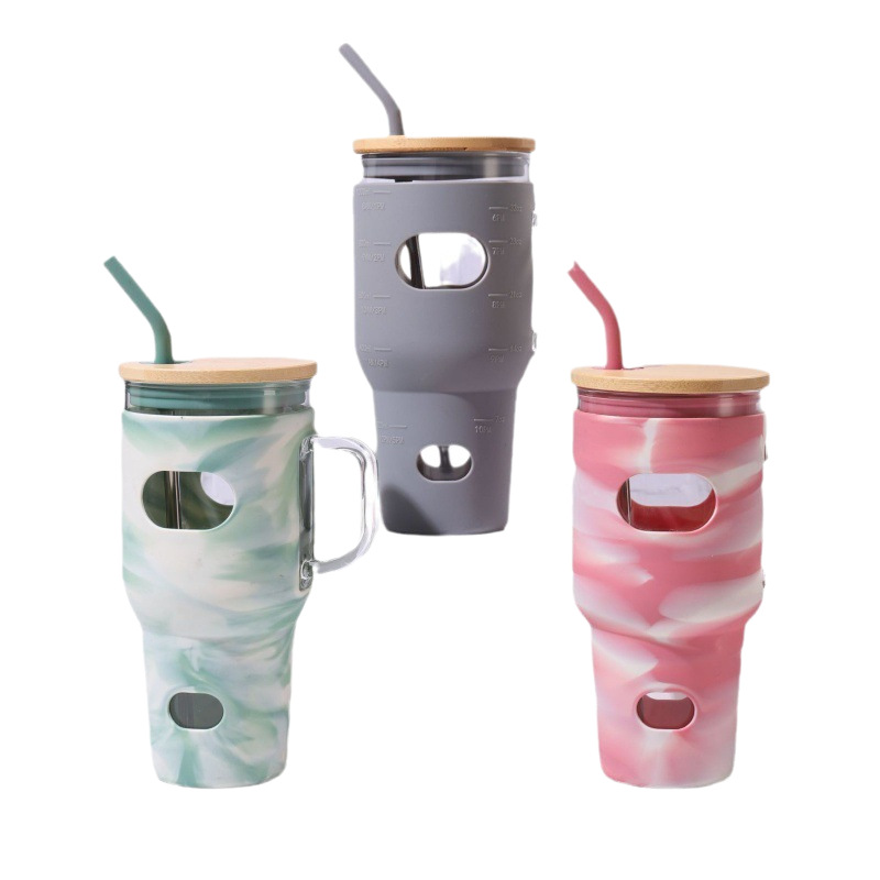Taza de vidrio de 30oz, cubierta de silicona a prueba de caídas, taza de paja de gran capacidad con mango, taza de menú de hielo