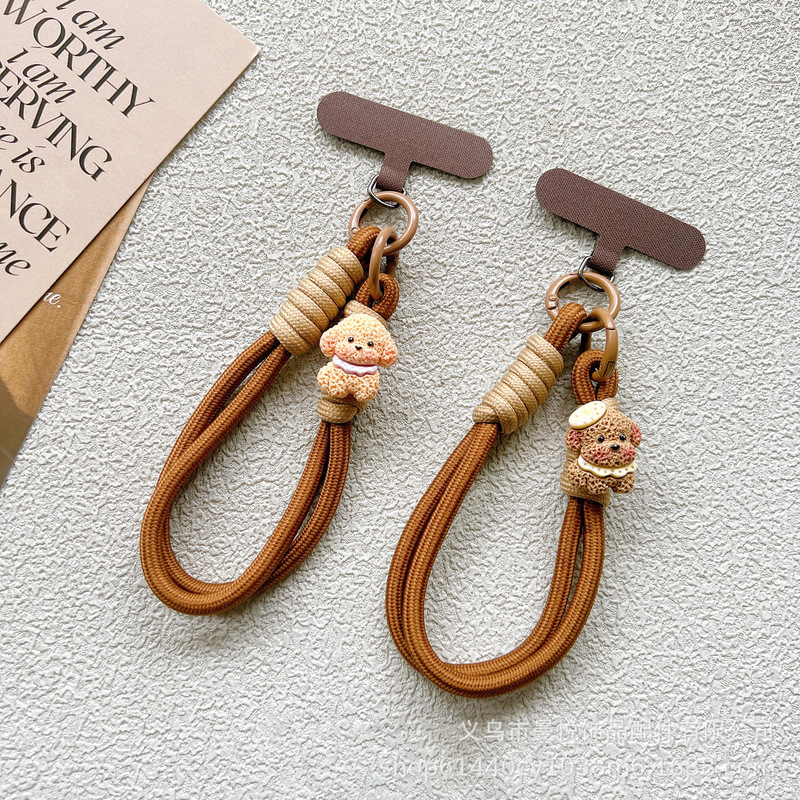 Ins Cartoon Teddy Puppy Mobile Phone Lanyard Woven Wrist Rope Short Style Handbag Pendant Keychain Accessories