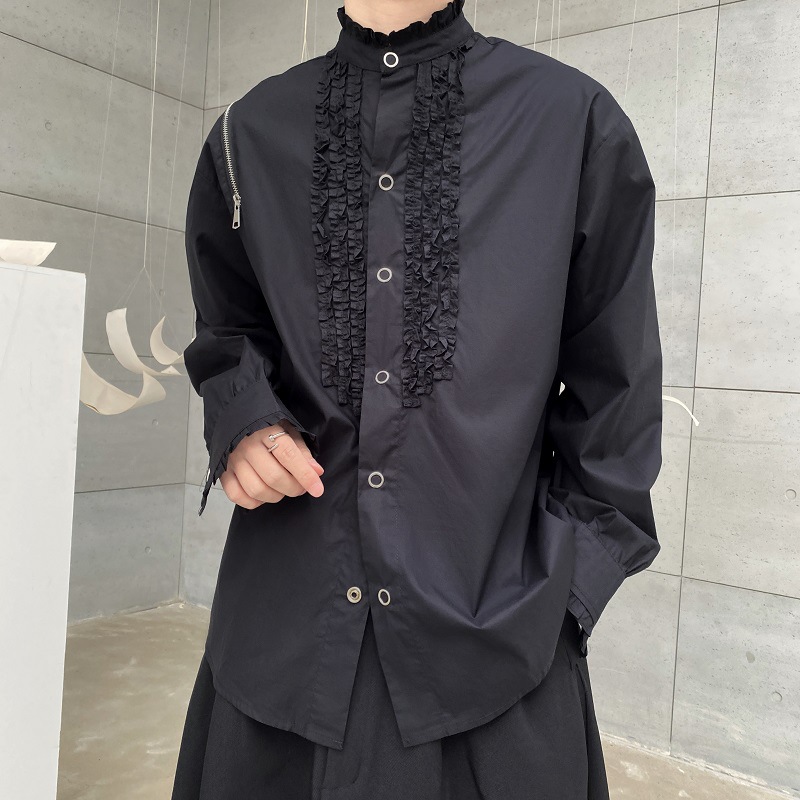 走秀场款拉链装饰木耳花边小立领宫廷式衬衫男压褶皱镂空露肩上衣