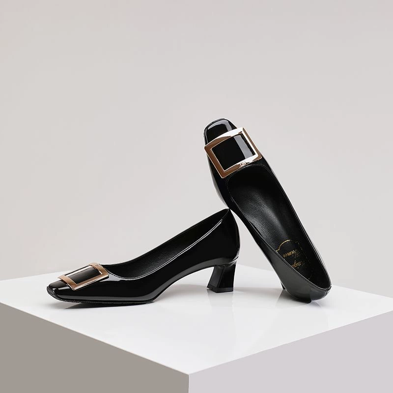 Женские туфли, ультрамягкая овечья кожа, элегантные туфли на массивном каблуке, женские туфли-слипоны с металлической пряжкой и квадратным носком для повседневной носки.