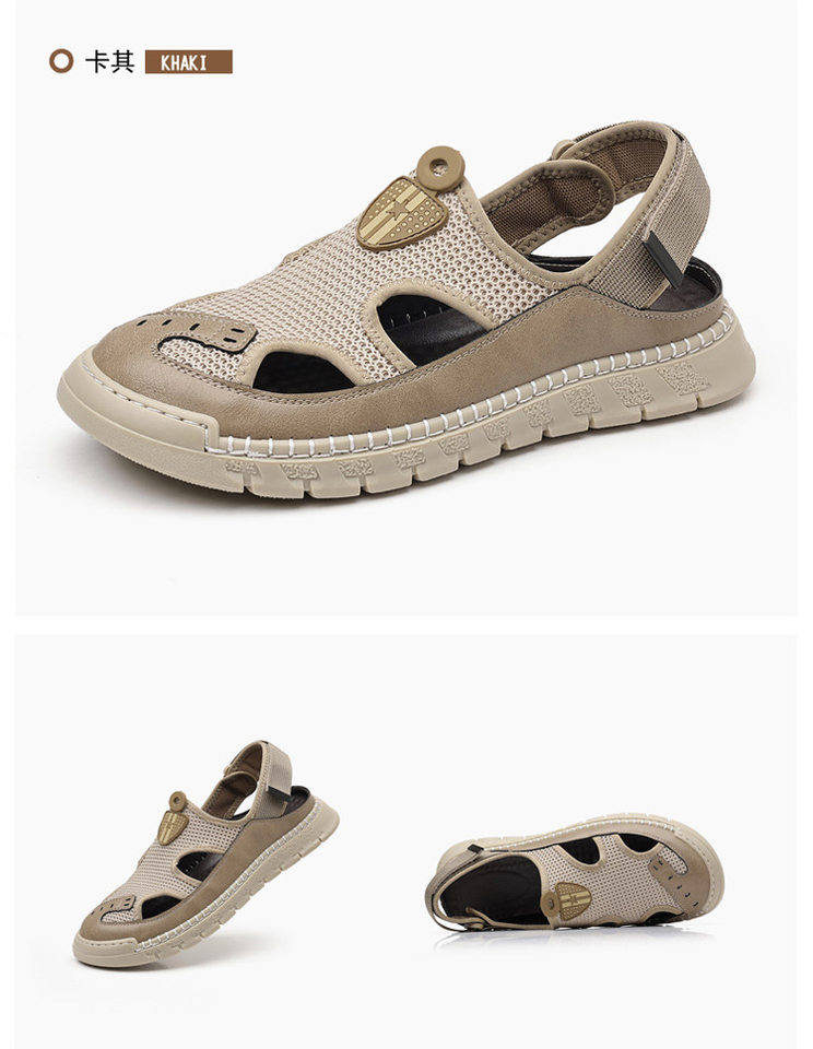 Giày sandal nam thân lưới dệt thoáng khí khoét lỗ, khóa dán, kiểu bao đầu, đi học và đi chơi mùa hè — Màu kaki, màu đen chi tiết 21