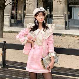 甜心千金风甜美小香风两件套装跨境女装韩版毛呢外套+高腰A字短裙