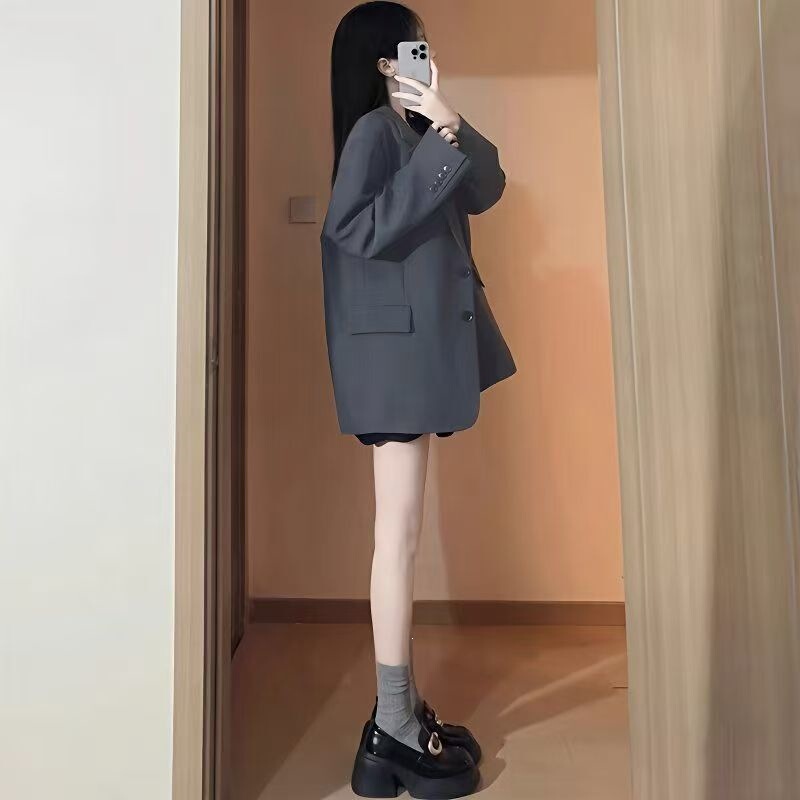 Gray Blazer for Spring and Autumn 2026, Loose Korean Style Casual New Suit Jacket for Petite Individuals, Black Gray Blazer for Spring and Autumn 2026, Loose Korean Style Casual New Suit Jacket for Petite Individuals, Black