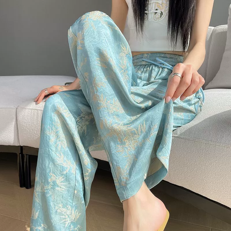 Широкие брюки для женщин из жаккардового атласа цвета золота, с эластичным поясом, из ледяного шелка, летние, тонкие, с высокой талией, драпированные, удлиненные, 2025